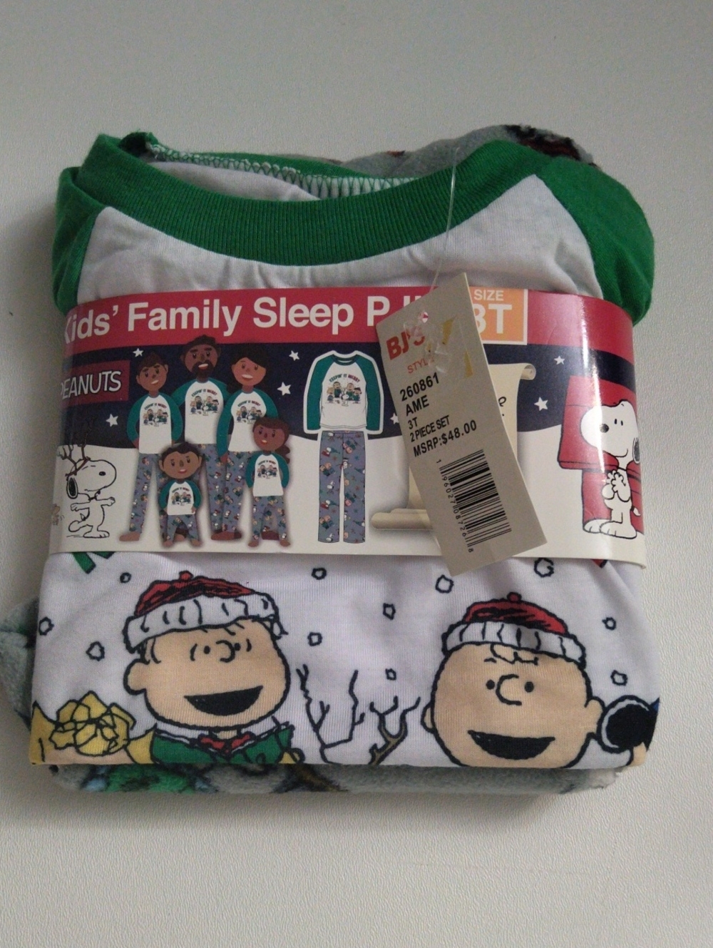 Peanuts Kids Boys Pajama  2 Piece Set  Green, White Red  Christmas Size 3T New